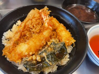 大阪・なんば「坂町の天丼」つゆ多めでサラサラいけるシンプル天丼！揚げ物のにおいが食欲をそそる